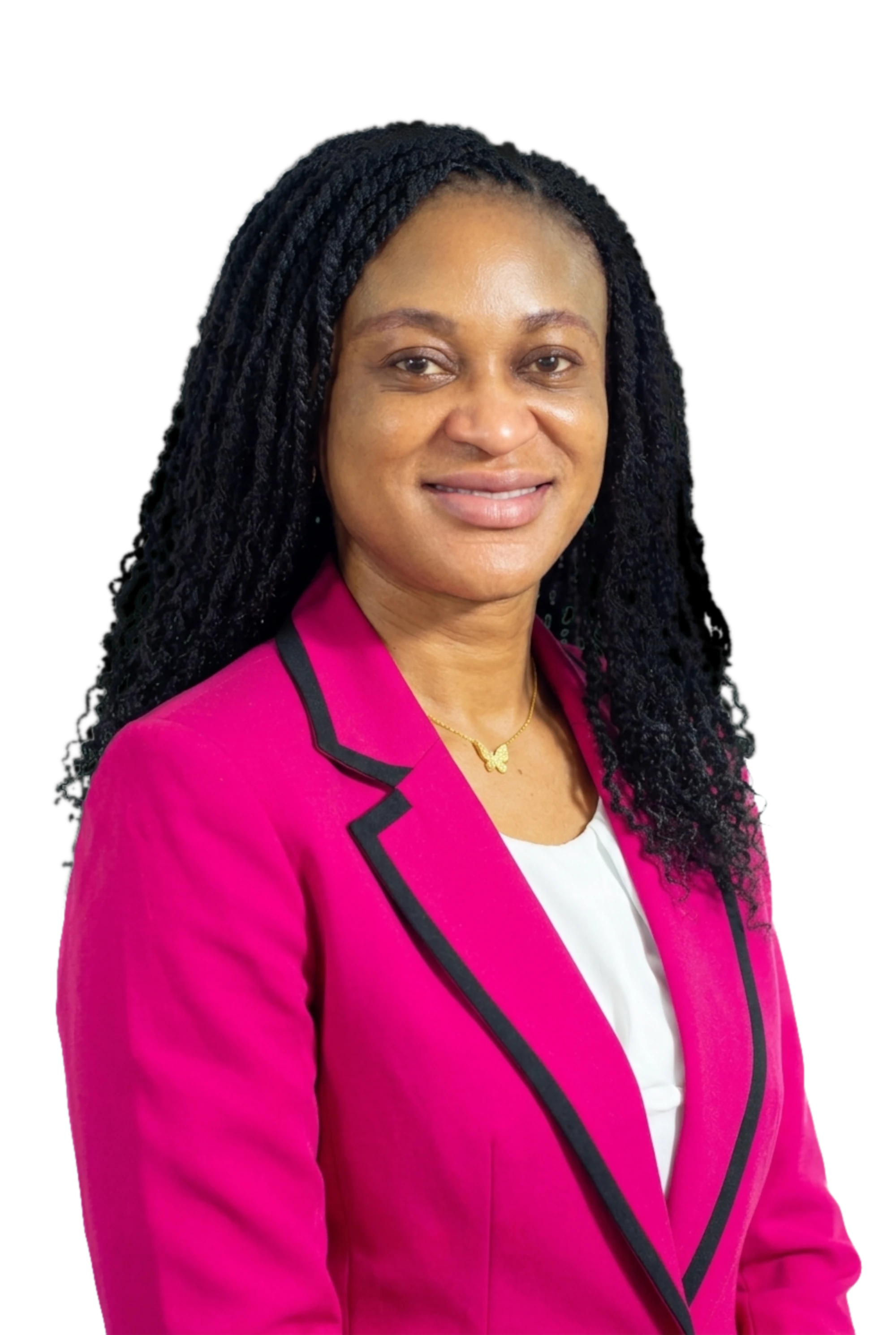 Margaret Yiadom, Founder and Principal Consultant, in hot pink blazer with professional headshot